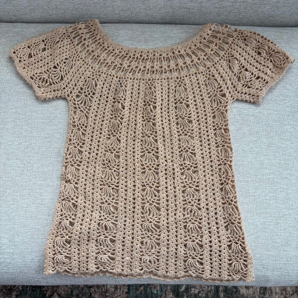 Vintage Handmade Crochet Top S Tan Shimmer Open Knit Earthy Boho Preppy Fall